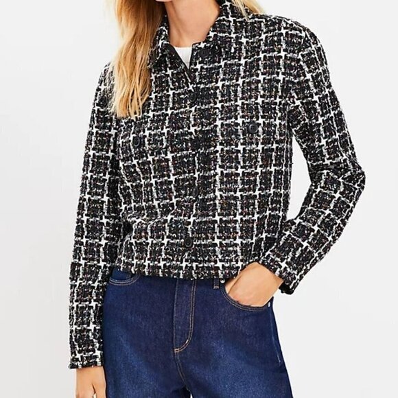 Loft Petite Shimmer Tweed Cropped Shirt Jacket-Black/White Multi-PL-NWT - Picture 1 of 16